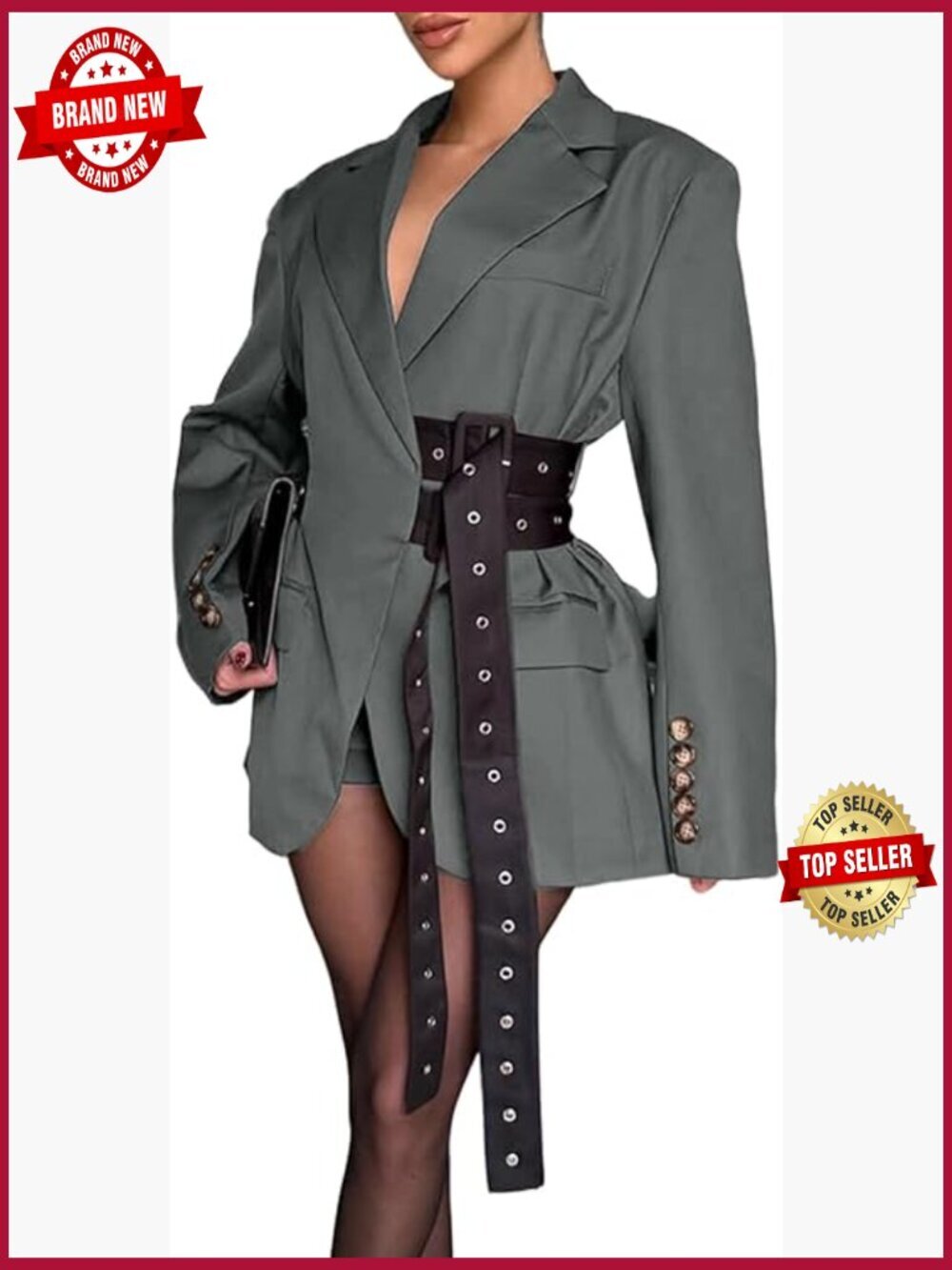 Oversized Blazer Dress with Belt Long Sleeve Work Office Suit Jacket Women
